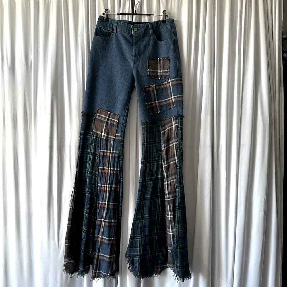 Dolls Kill Blue Plaid Patchwork Flare Pants - Picture 10 of 12
